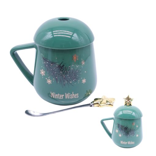 Imagen de TAZA NAVIDAD VERDE C/TAPA Y CUCHARA ESTRELLA 400ML***